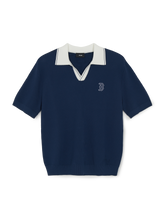 Varsity Tuck Texture Open Collar Short Sleeve Knit Pullover